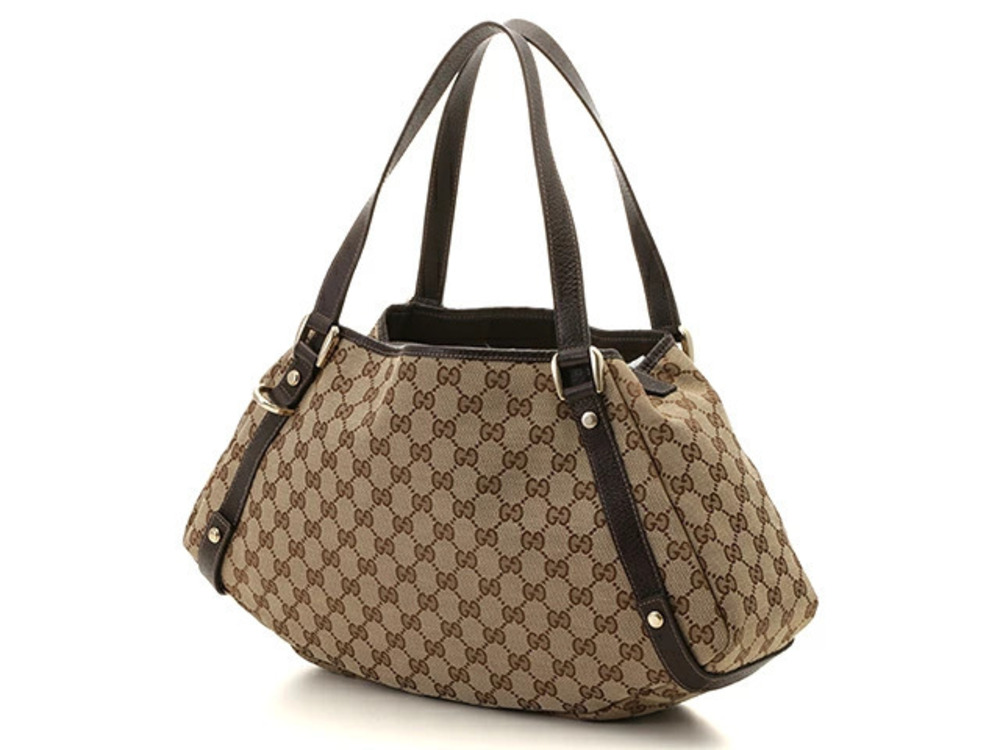 Gucci Brown Leather Cream Canvas GG Tote Dark Beige Bag Cream Tan